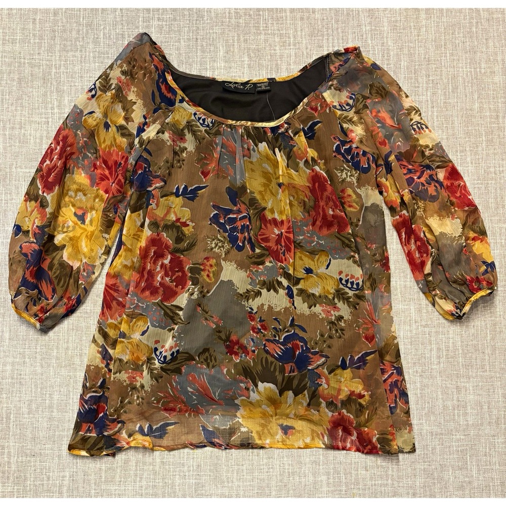 Lola P. Floral Chiffon Sheer Pleated Scoop Neck 3/4 Sleeve Blouse M E2D60/MD44